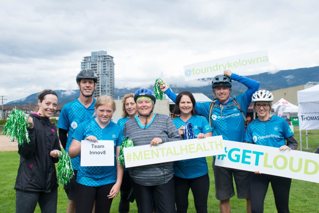 Eight people with bicycle helmets and CMHA Blue shirts holding signs for # Get Loud fundraisers