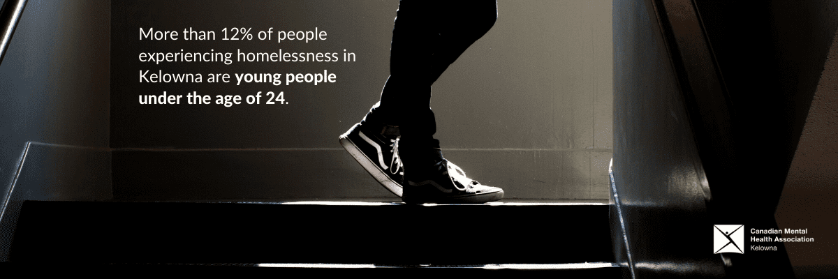 dramatically lit photo on legs at the top of stairs with the text "More than 12% of people experiencing homelessness in Kelowna are young people under the age of 25" beside