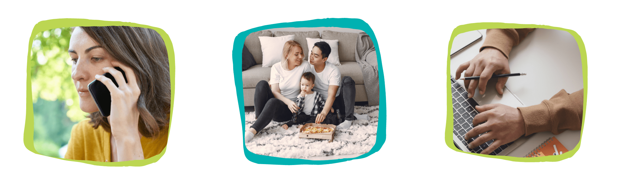 three square images of people who may need councelling or who are reaching out tocouncelling via phone or over the internet with their computer
