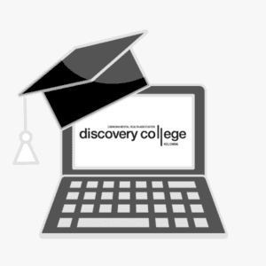 Grey clip art of a laptop with the text "Discovery college" crossing the screen. The computer is wearing a college graduate hat sitting on the top left corner
