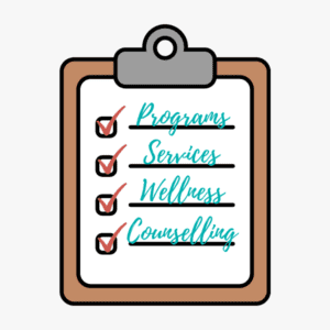 Clipboard clip art with a piece of paper and a list; Programs, Services, Wellness, Counselling, all list items have checked boxes beside them