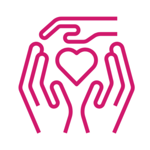 Pink clip art of 3 hands surrounding a heart icon, CMHA youth and families