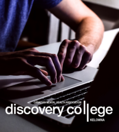 a man is working on his laptop in an intensely lit photo. The text discovery college runs across the bottom