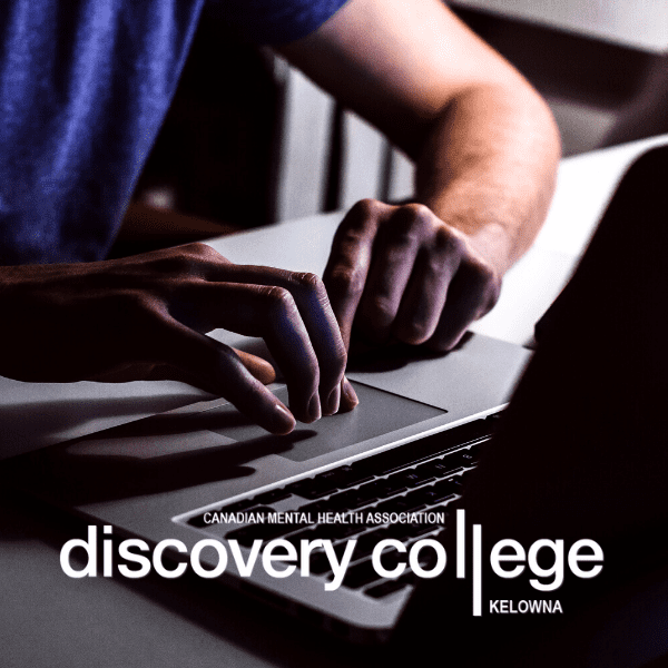 a man is working on his laptop in an intensely lit photo. The text discovery college runs across the bottom