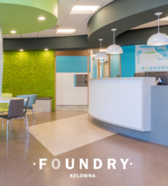 interior photo of the foundry kelowna headquarters, the walls have a nice looking grass and blue theme for a very calm and welcoming feel